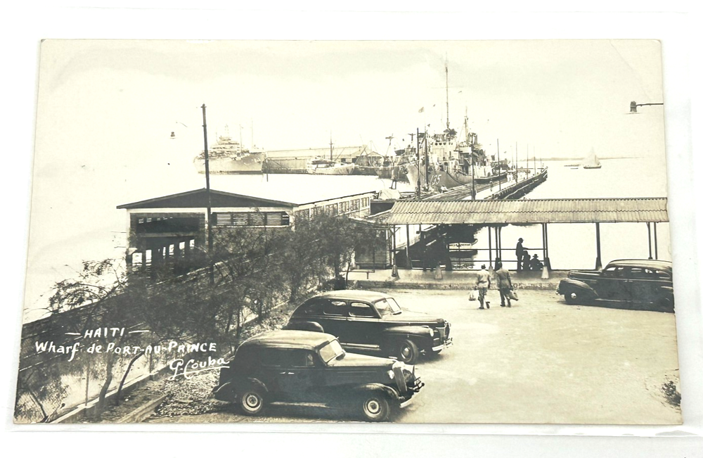 1930s Port-au-Prince Haiti Wharf Scene RPPC with Classic Cars and Ships