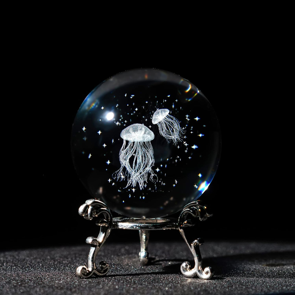 3D Laser Engraved Jellyfish with Star Ocean -2.3Inch (60Mm) Crystal Decorative B