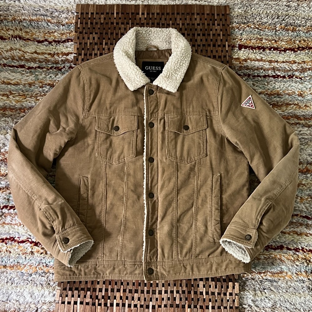 Guess Tan Cord Sherpa Trucker Jacket Button Down Men's Size Medium M
