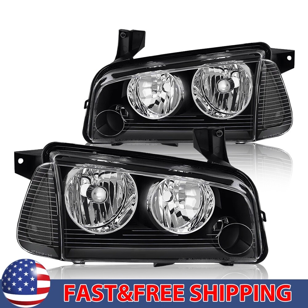 For 2006-10 Dodge Charger Headlight/Lamps Black Housing Clear Lens White Corner