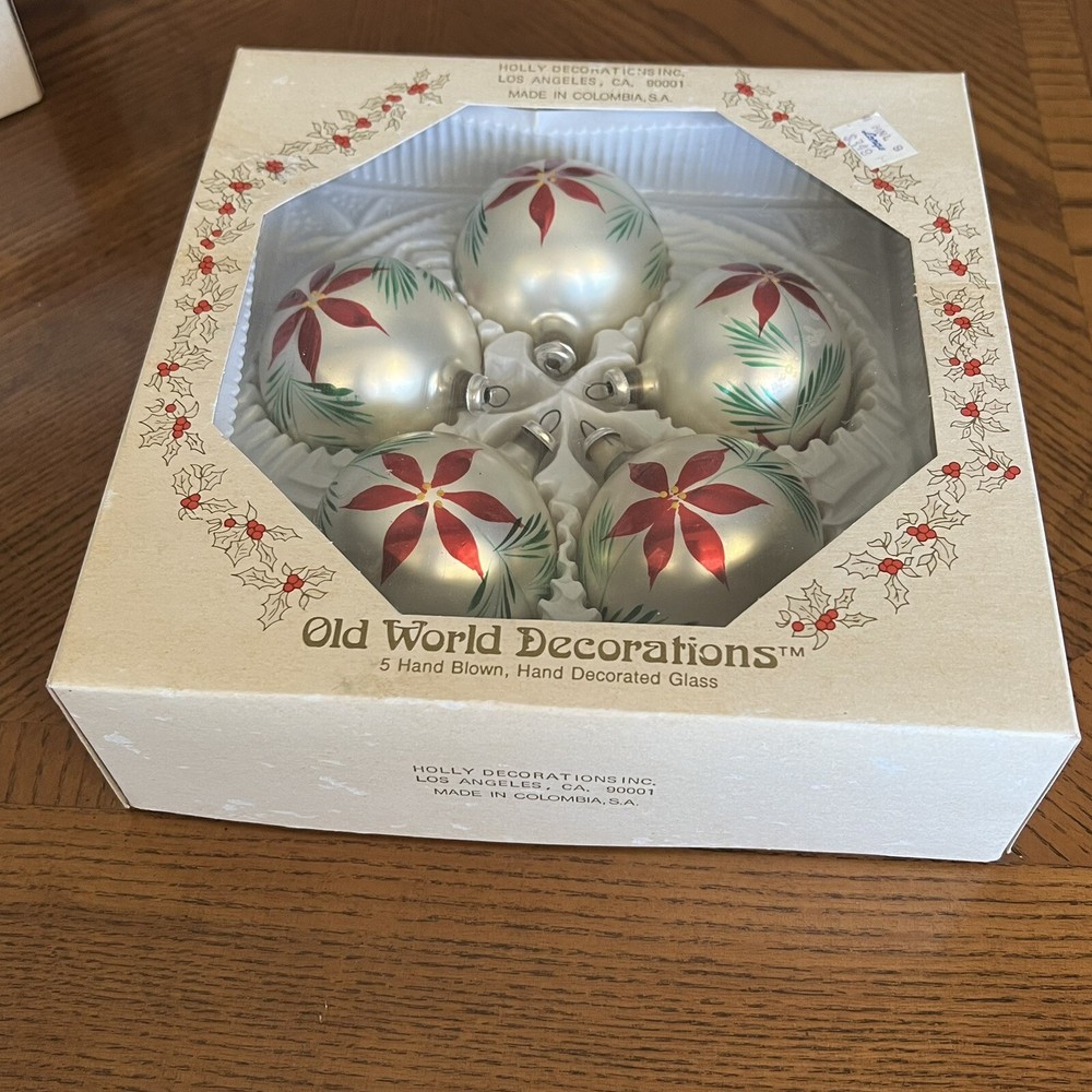 Old World Decorations Poinsettia Ball Ornament Hand Blown Decorated Glass Set 5