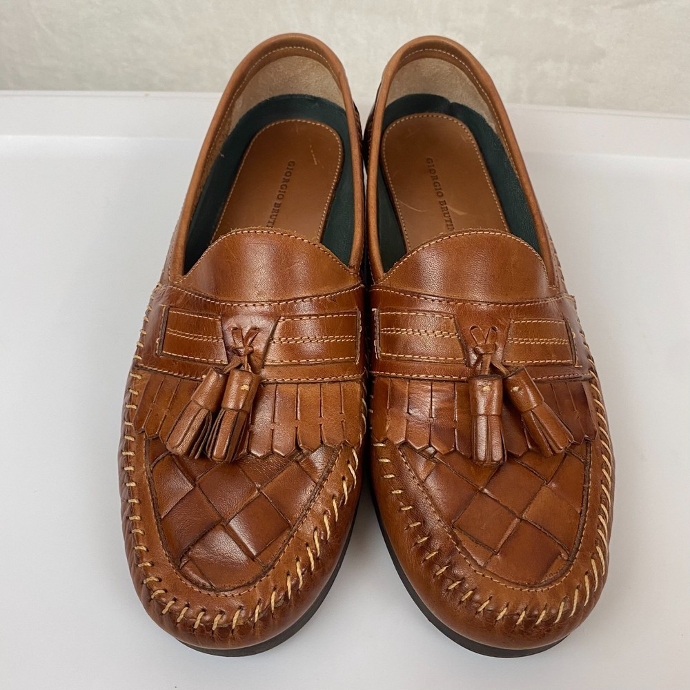Giorgio Brutini Mens Newark Brown Woven Leather Tassel Loafers Shoes 9 M Preppy