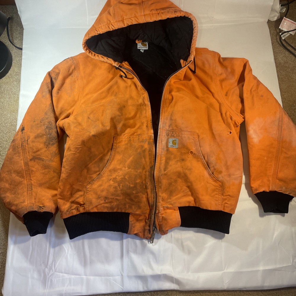Carhartt Men's J140 BLZ Size L Tall Orange Quilt Lined Duck Canvas Hooded Coat
