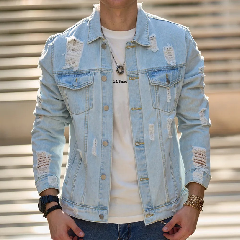 Men's Distressed Slim Fit Denim Jacket Ripped Streetwear Jean Coat Light Blue