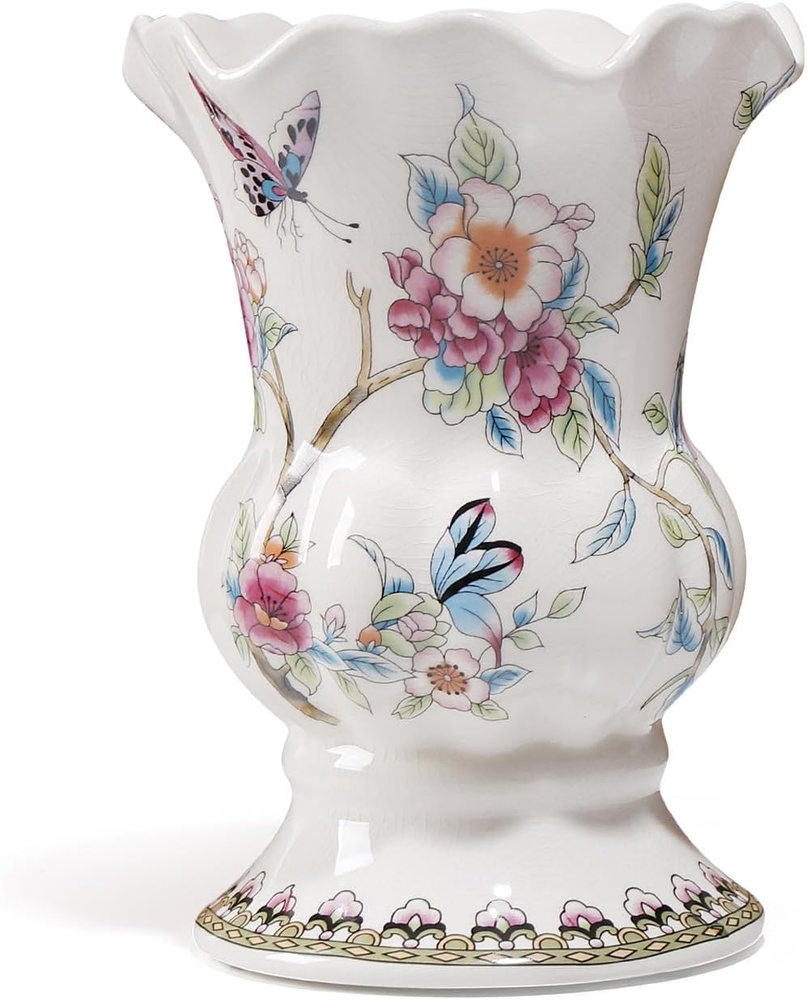 Unique Hand-Painted Colorful Butterfly and Flowers Ice Cracked Ceramic Vase, Mod