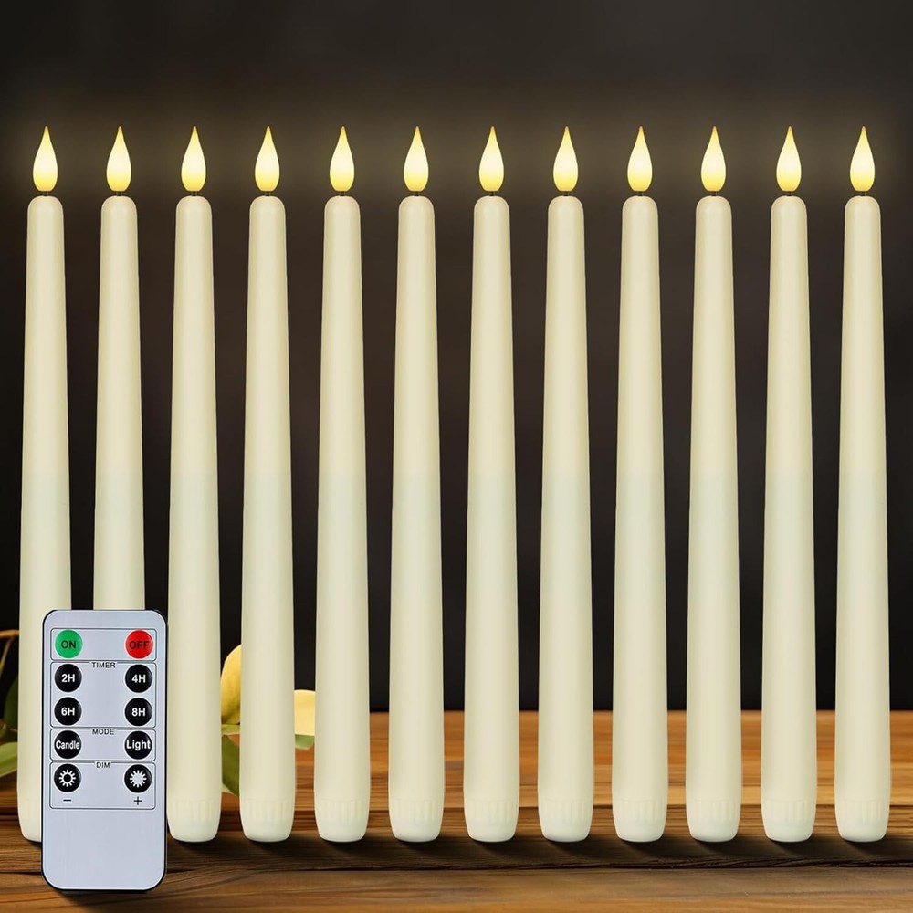 Homemory 12-Pack 11 Inch Ivory Flameless Taper Candles with Remote Timer and Dimmer