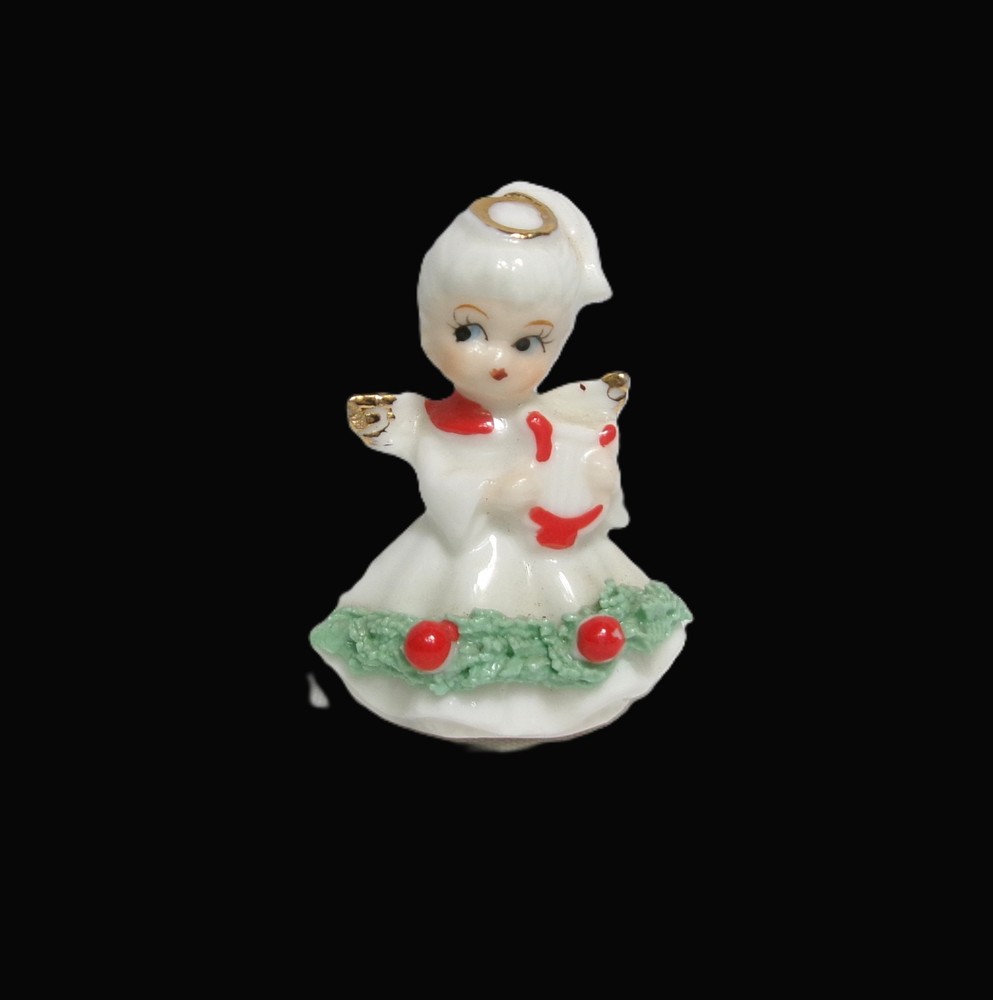 MCM Vintage Miniature Porcelain Christmas Angel Figurine w/ Spaghetti Trim
