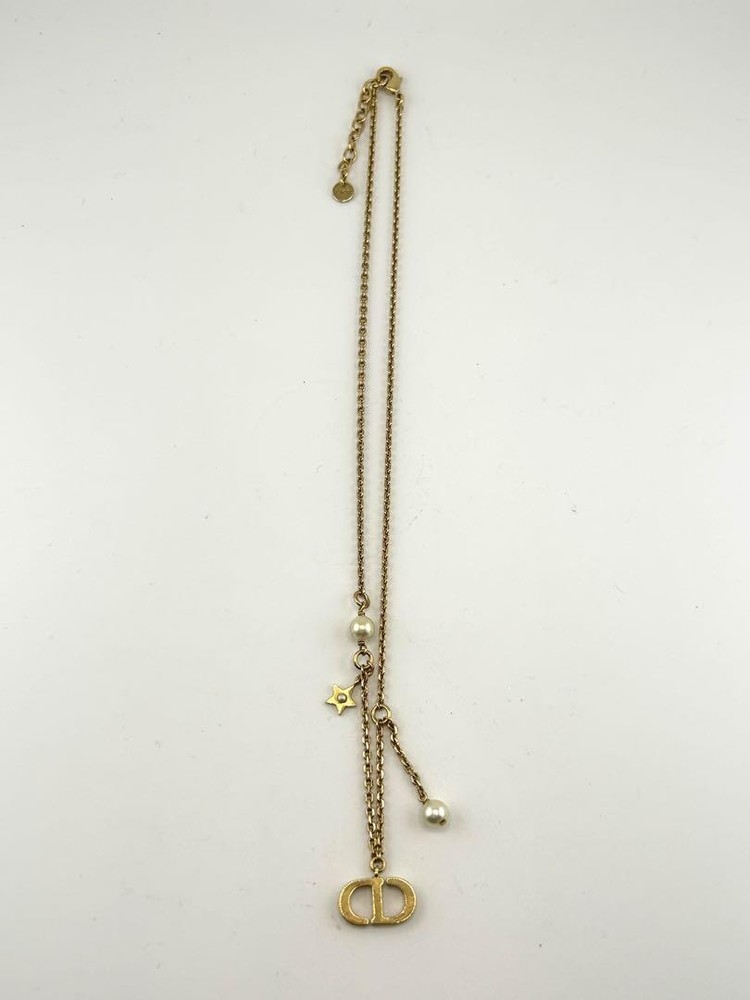 Christian Dior CD Logo Pearl Star Pendant Gold Necklace Authentic From Japan RIN