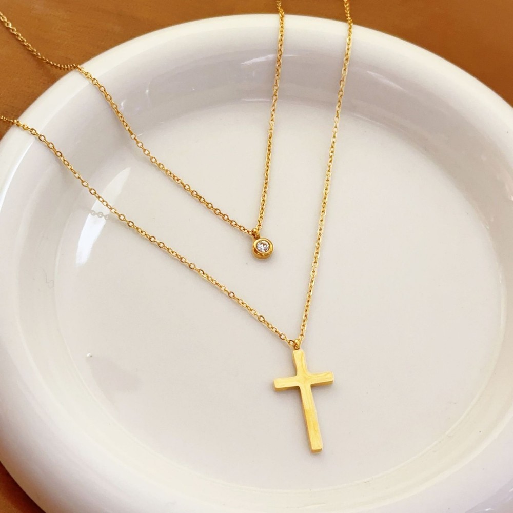 18K Gold Titanium Stainless Steel Gold 2 Layers Cross CZ Choker Necklace PE8