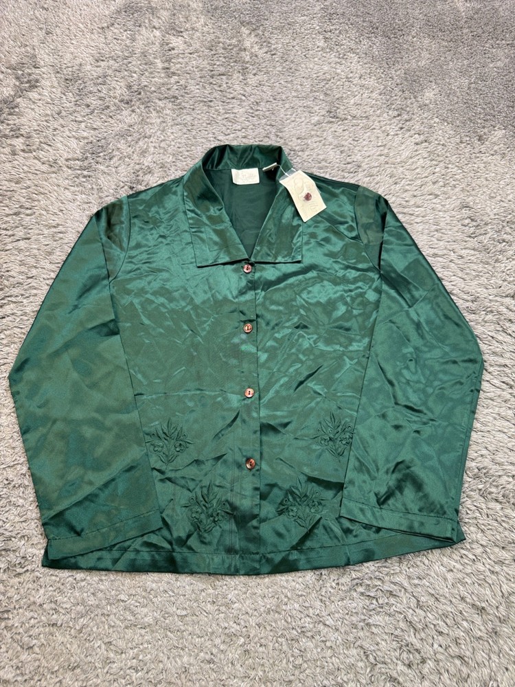 Go Softly Top Women PL Large Emerald Green Floral Satin Button Up Sleepwear NWT