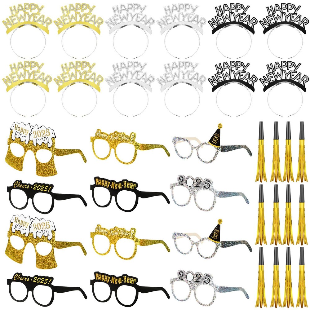 36-Piece New Year 2025 Party Supplies Kit with Black Glasses & More  -image