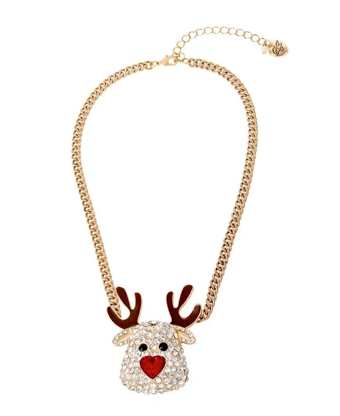 NEW Betsey Johnson Red Nose Reindeer Pendant Gold Tone  Necklace Christmas NWT