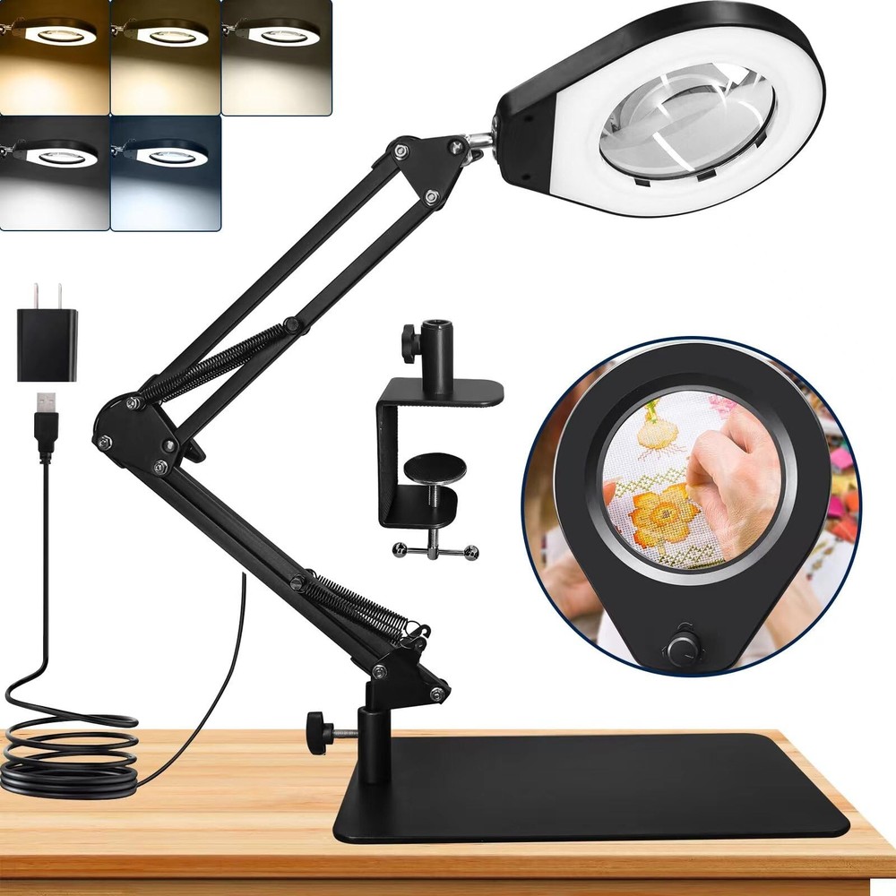 2-in-1 Illuminated Magnifying Glass with 5X Lens & Adjustable Clamp Stand - 4.2 Inch