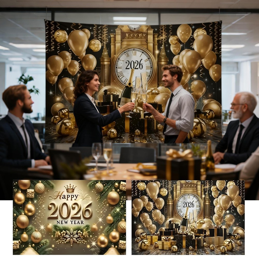 7x5 Ft Gold 2026 Happy New Year Banner Wall Sign New Year's Eve Party Backdrop