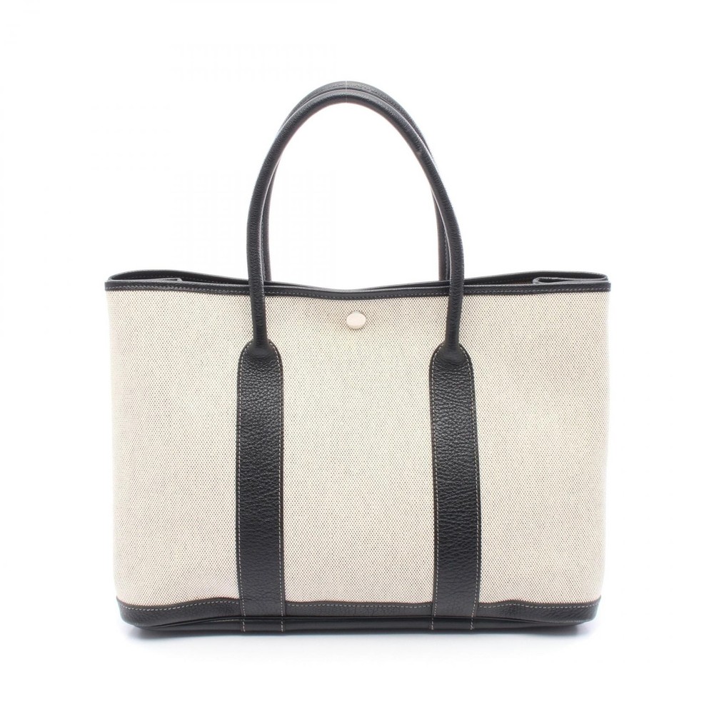 HERMES Garden Party PM Tote in Toile H Canvas and Negonda Leather Beige Noir with Silver Hardware