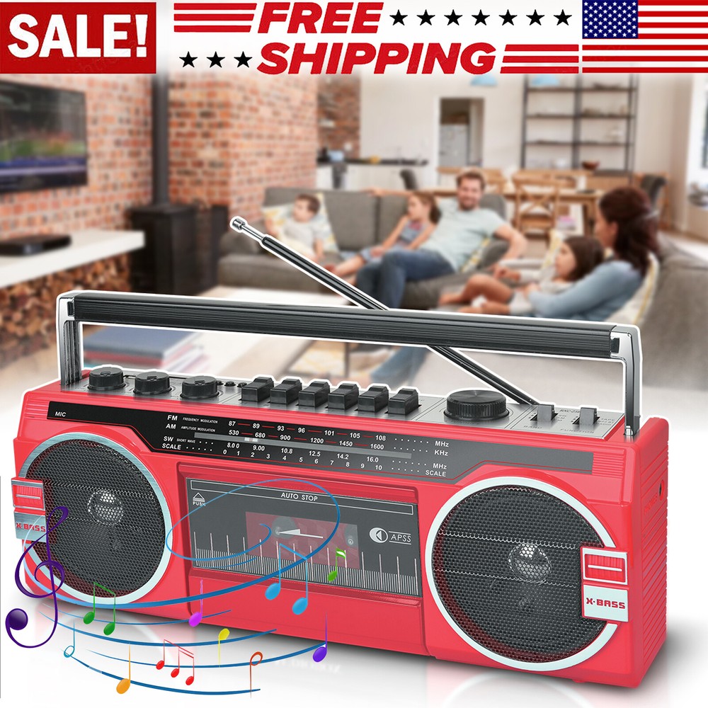 Retro Boombox Cassette Player Recorder AM/FM Radio Bluetooth Way Speaker System