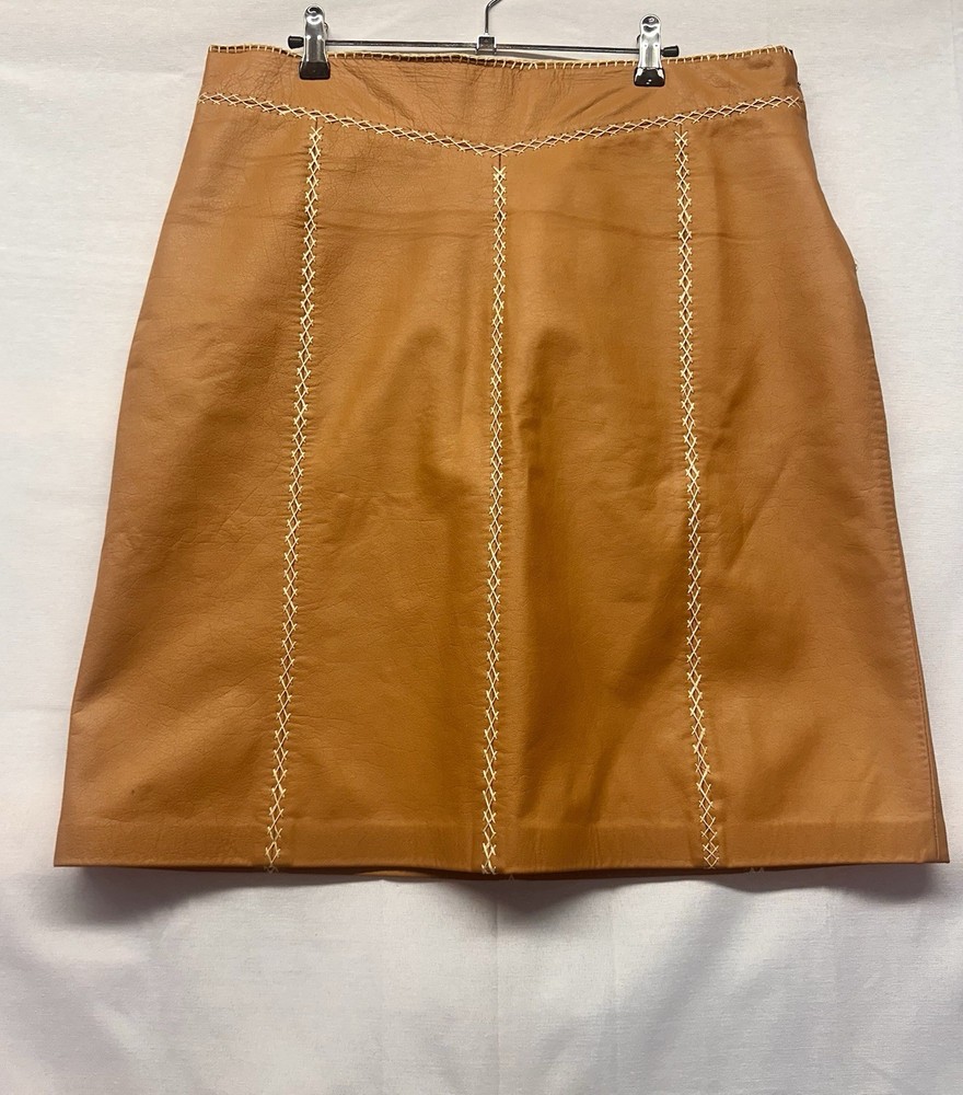 Vintage Gap Khakis Cognac Leather A Line Skirt Stitch Detail Womens Size 14