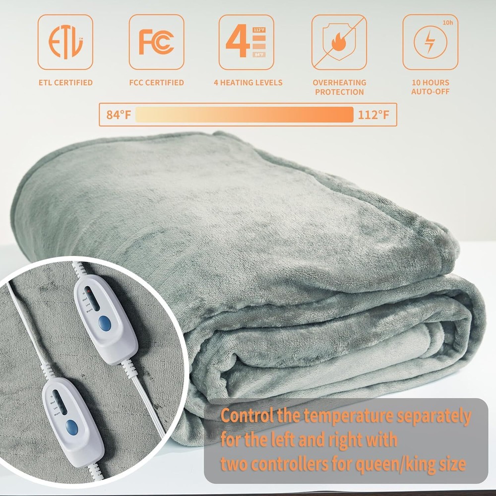JET'S HOME King Size 100x90 Heated Flannel Electric Blanket ETL FCC Certified