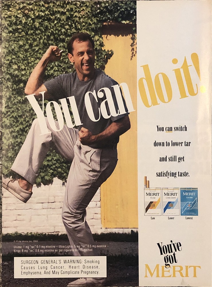 1993 Merit Cigarettes PRINT AD Goofball Guy Fist Pump You Can Do It! VTG 1990s