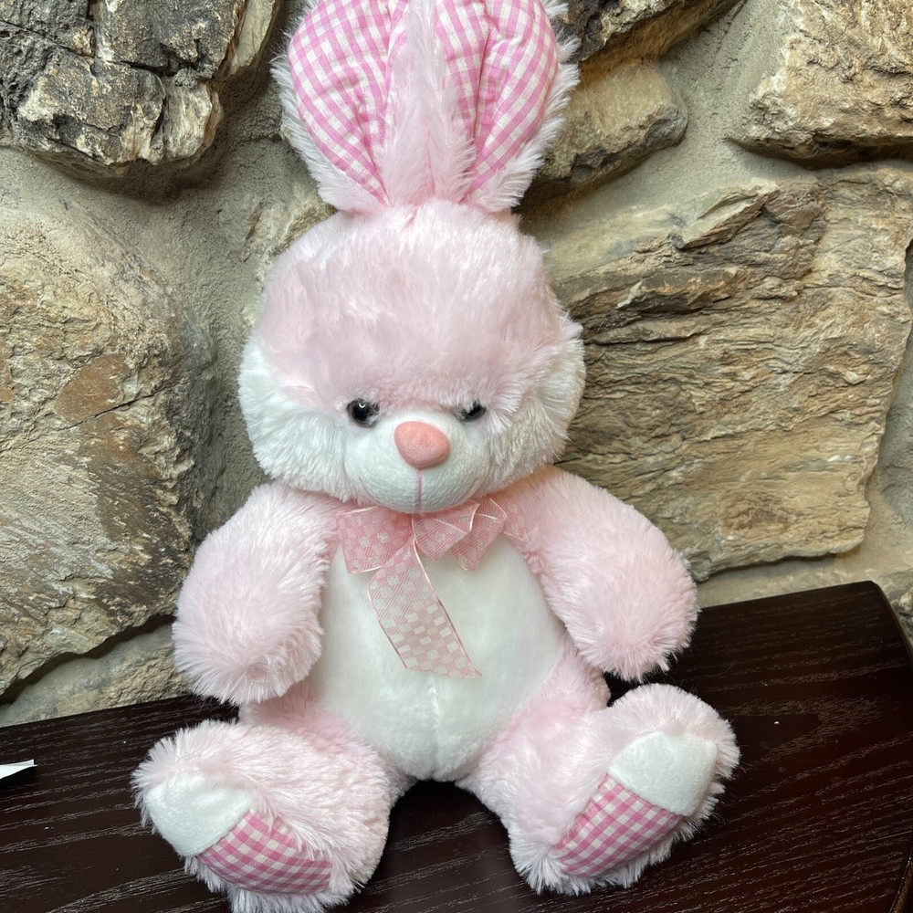 Megatoys Bunny Rabbit Plush Pink White Plaid  Stuffed Animal 14”