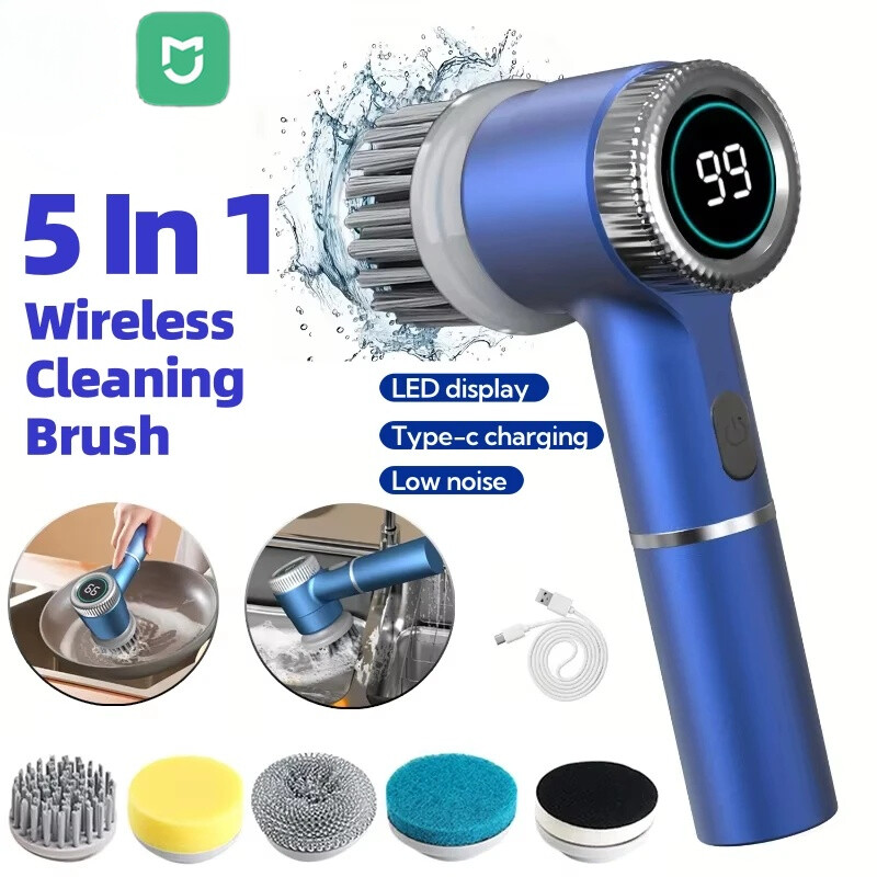 Electric Spin Scrubber with 5 Brush Heads & LED Display for Deep Cleaning