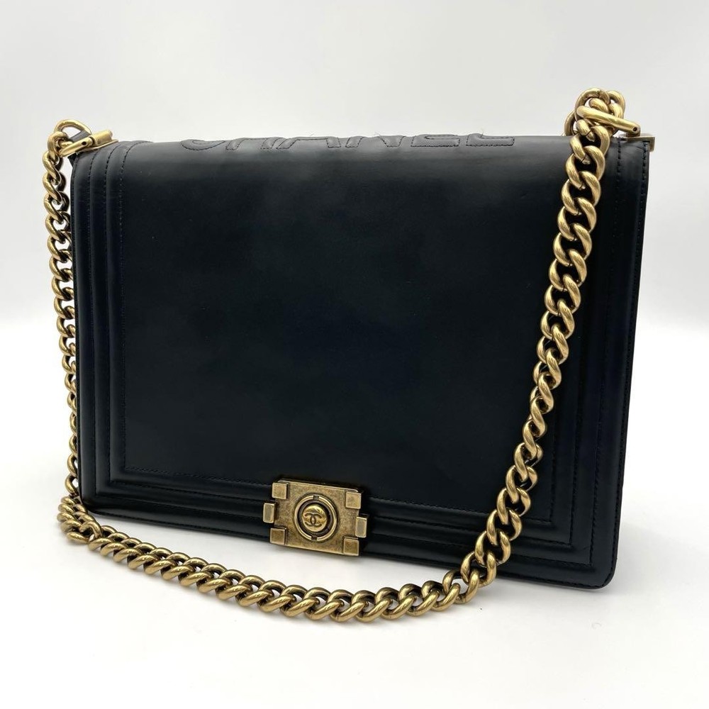 Chanel Boy Black Calf Leather Chain Shoulder Bag Oku