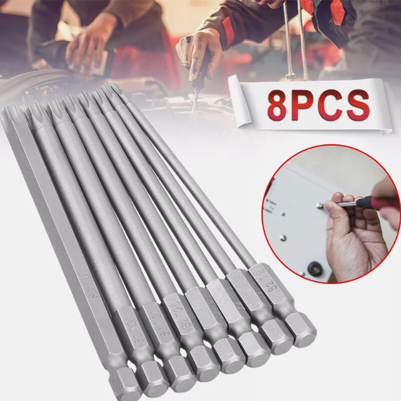 8pcs Extra Long Torx Screwdriver Bit Set with Magnetic Hex Security Head 100MM Made in USA