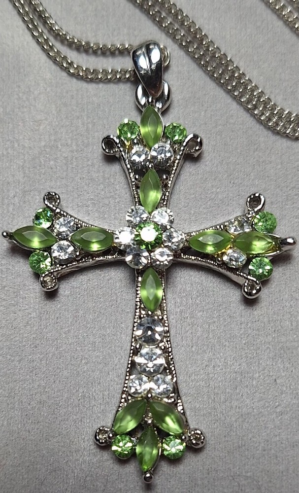 Pale Green Marquise Cut Peridot, Crystal, Cross Enhancer Pendant With 17