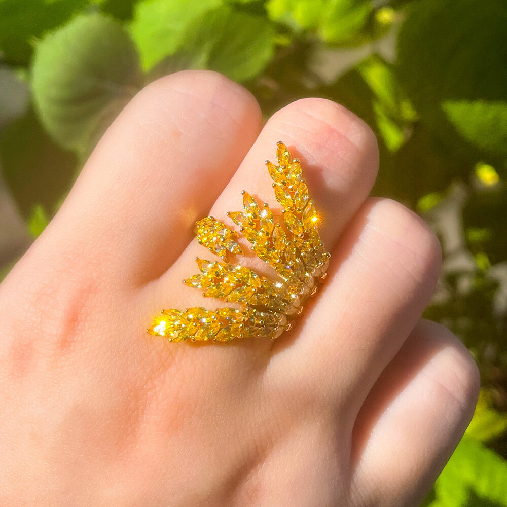 Gold Plated Yellow Cubic Zirconia Adjustable Leaf Wrap Finger Ring Women Jewelry
