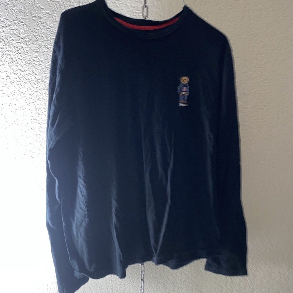 Ralph Lauren Mens Large Black Bear Flag Long Sleeve Polo Tee