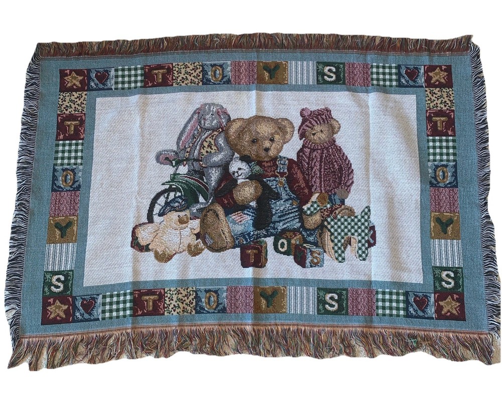 Blue Jean Teddy Bear Blanket Tapestry Afghan Baby Vintage Welcome to World Rare