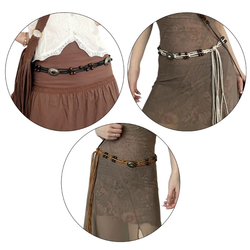 Bohemian Thin Braided Waist Belt with Beaded Rope Decor
