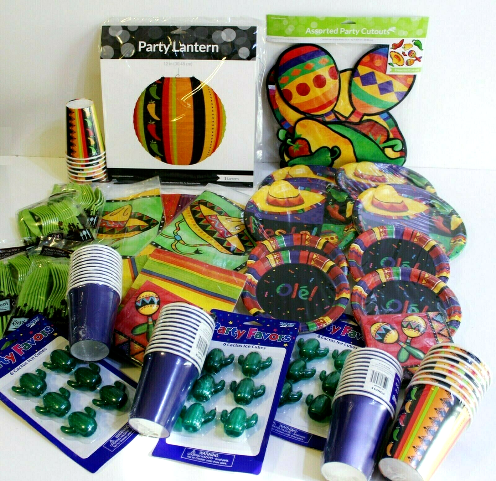 Party LOT Paper Plates Cups Napkins Plastic Cutlery Fiesta Mexican Taco Bar