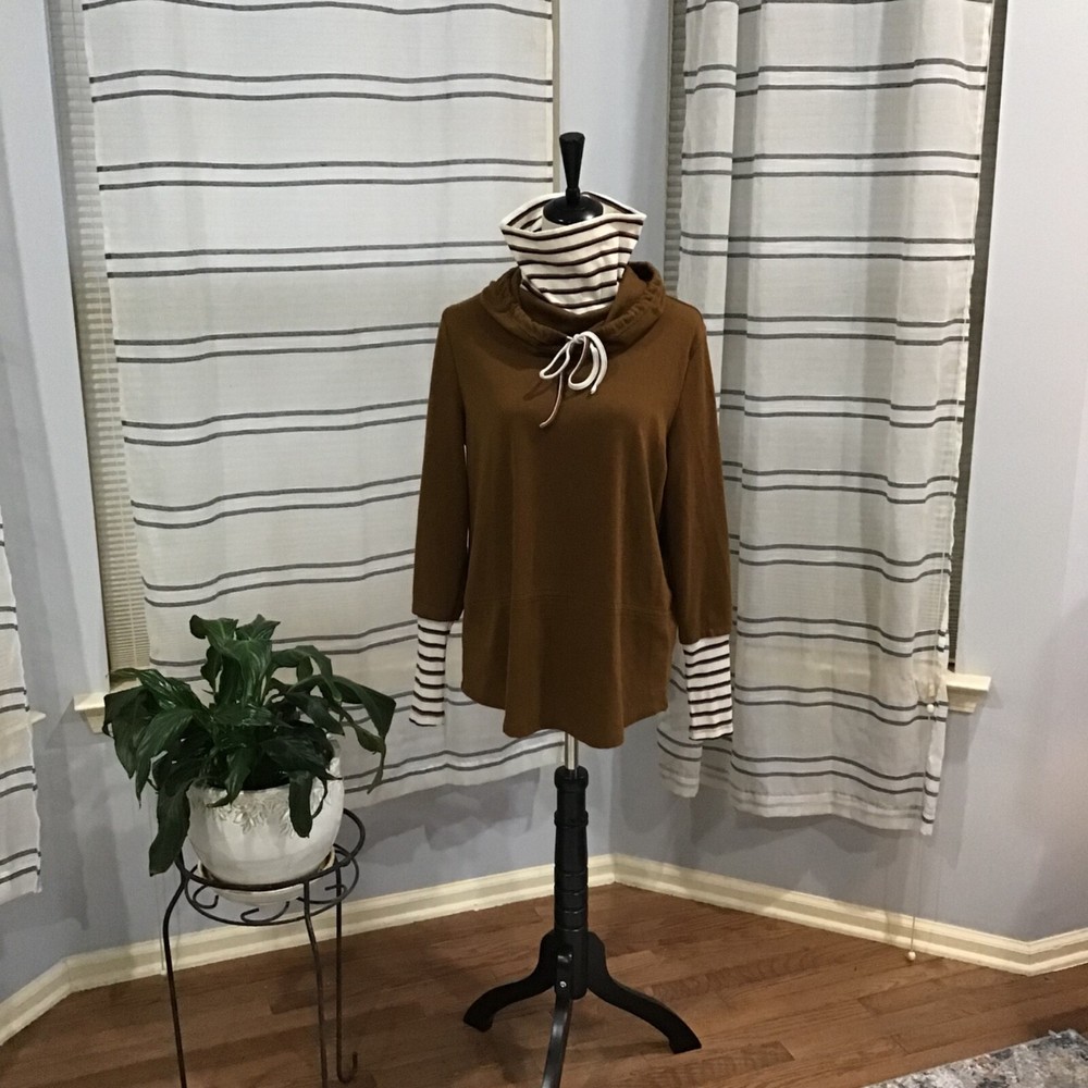 Doe & Rae Women Size SM Brown Rust Stripe Tunic Hoodie Sweatshirt Turtleneck