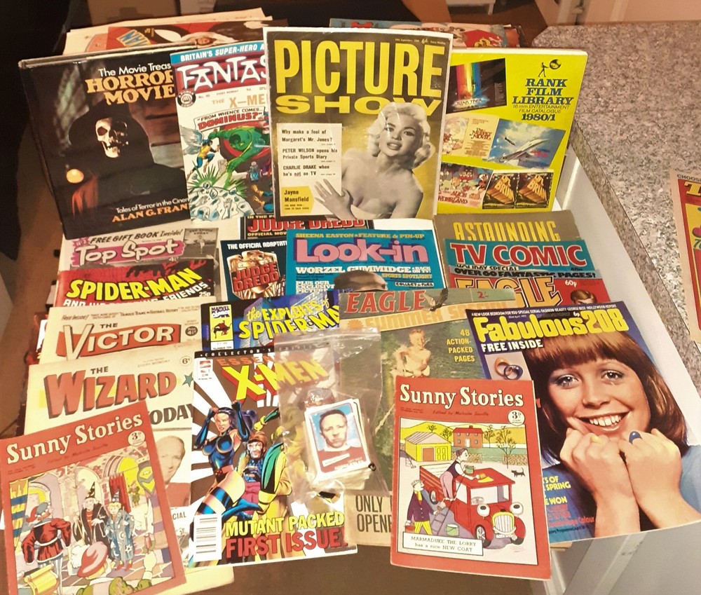 300x Huge VINTAGE UK COMICS + CARDS LOT Batman Eagle 2000AD Judge Dredd TV Comic