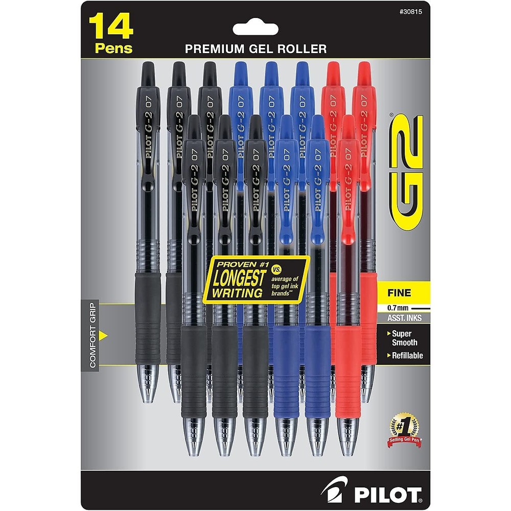 Pilot, G2 Premium Gel Roller Pens, Fine Point 0.7 mm, Blue, Black, Red, Pack ...