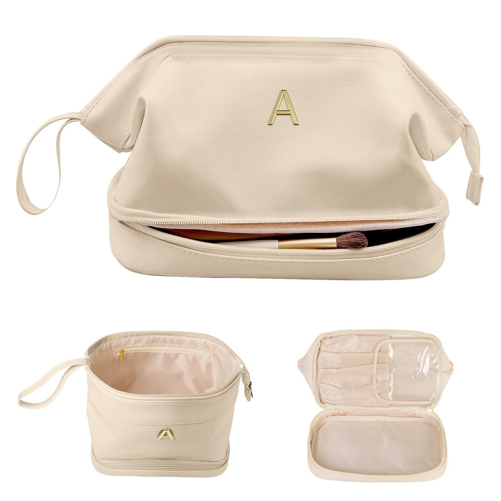 A-Z Initial Makeup Bag for Women Travel PU Leather Double Layer Cosmetic Case