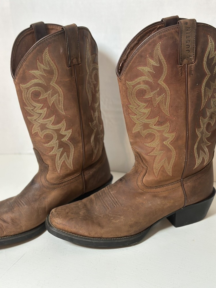 Men's Justin Brown Leather Square Toe Cowboy Work Boots Size 11