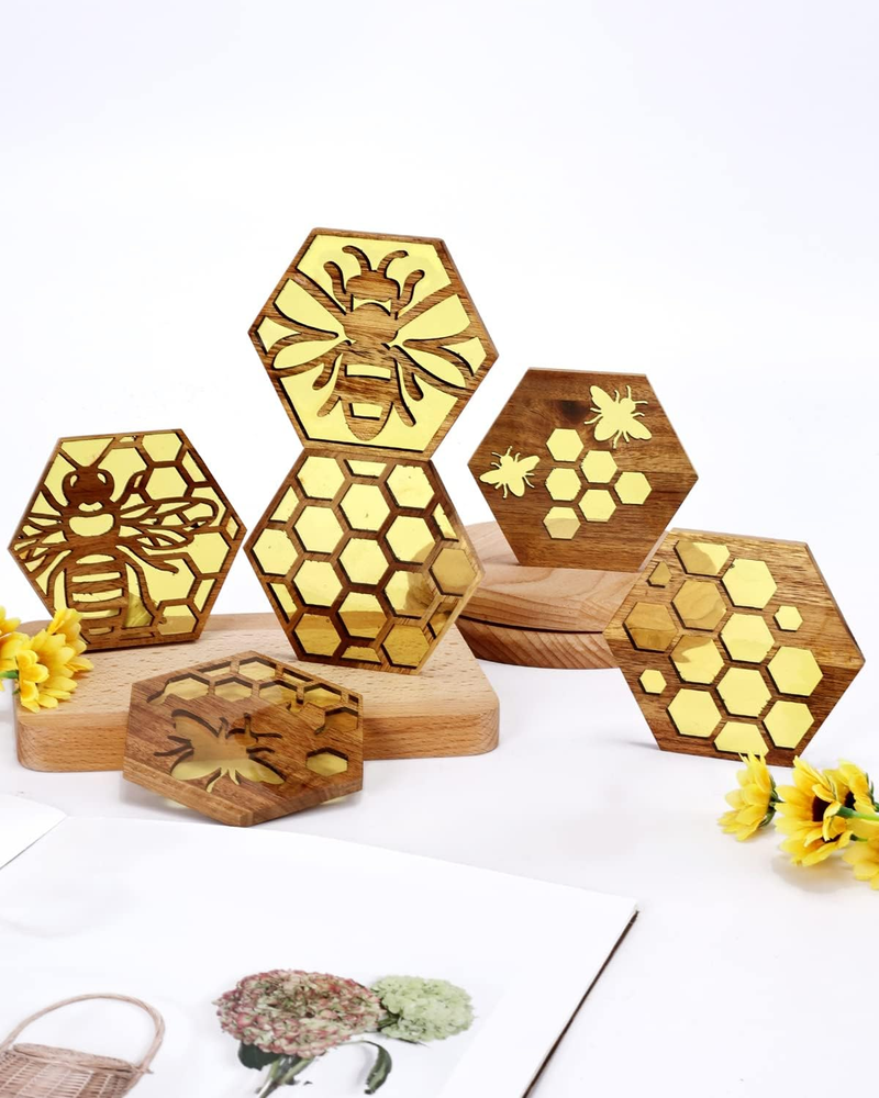 Bee Resin Wood Coaster Set of 6 Honeycomb Wooden Epoxy Drink Coasters