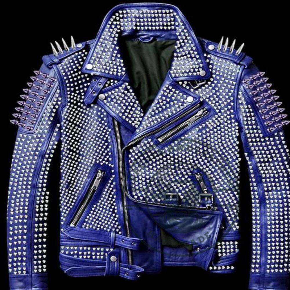 Steampunk Spiked Blue Silver Brando Biker Leather Jacket with Belt  