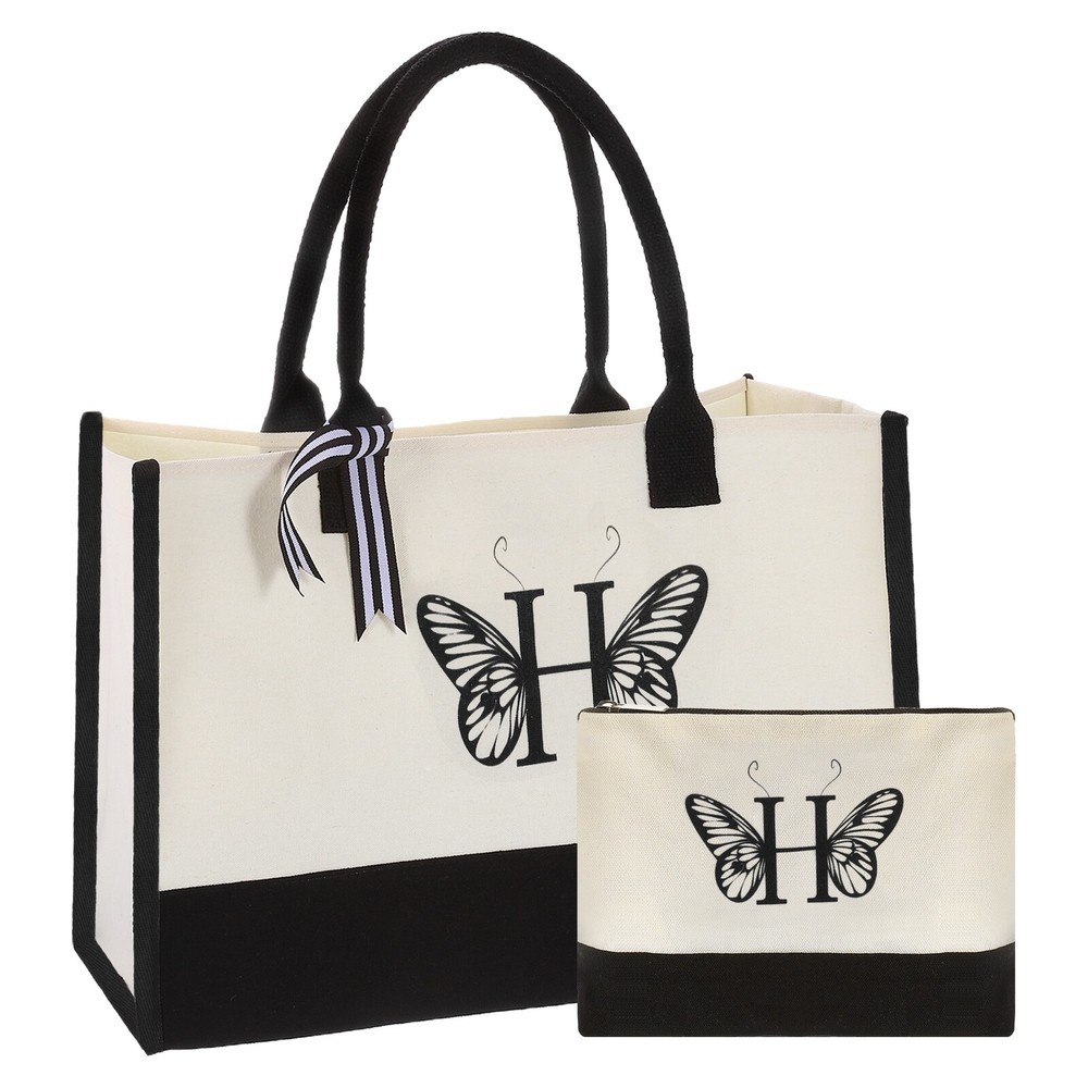 Initial H Canvas Tote Bag with Makeup Bag, Reusable Beach Tote Bag