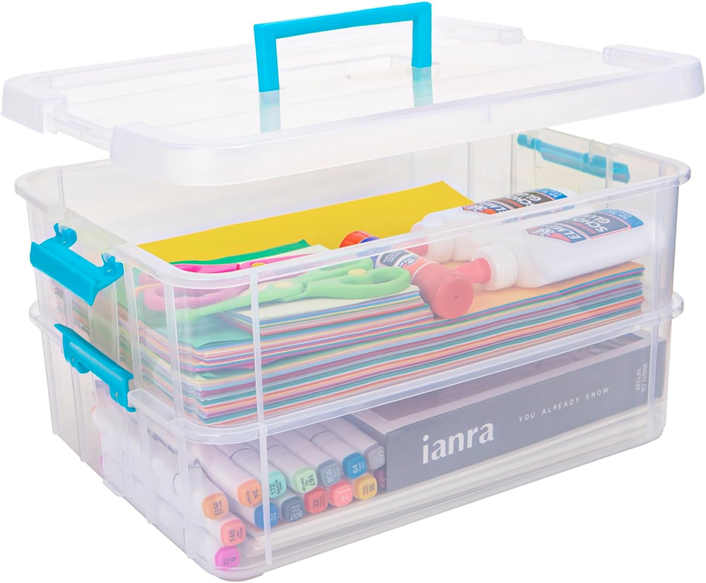 2 Layer Plastic Storage Containers with Lids, Multipurpose Clear Stack & Carry B
