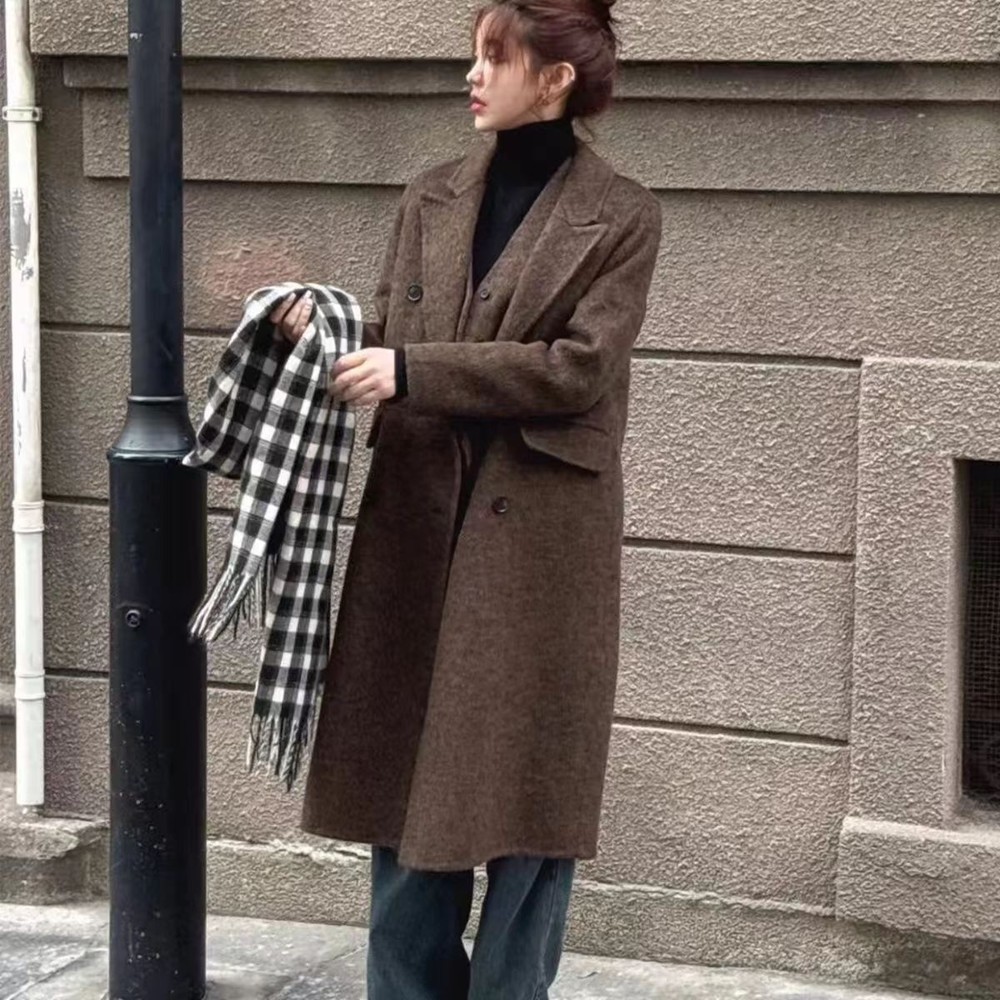 double-sided wool coat British woolen women's lapel collar korean overcoats