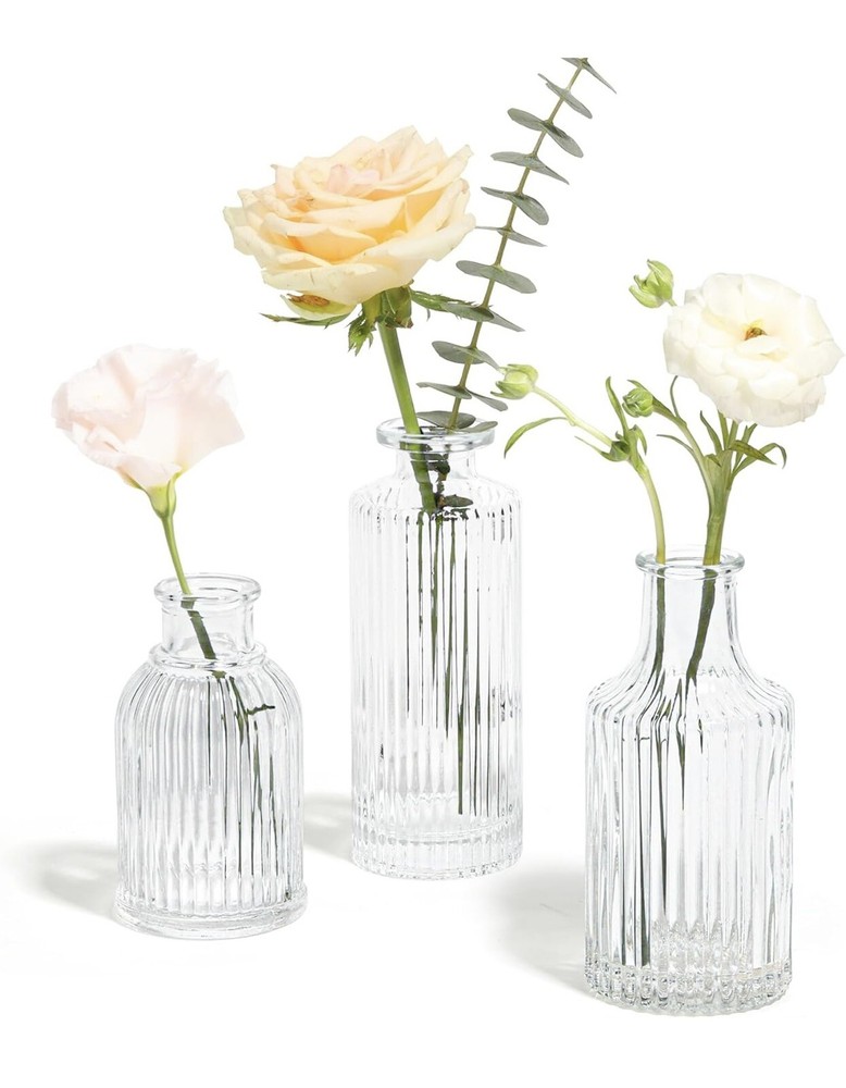 3-Piece Ribbed Glass Bud Vase Set - Mini Flower Vases in Bulk