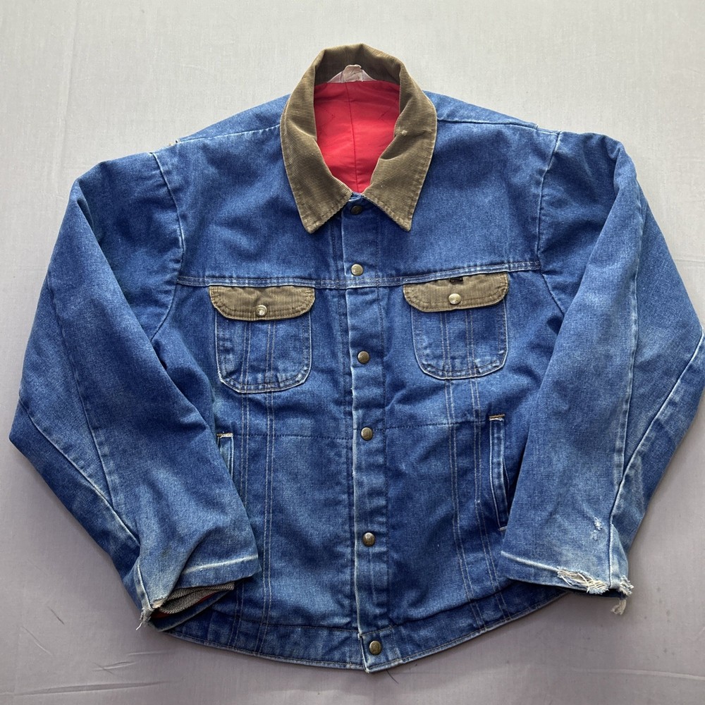 Key Imperial Lined Denim Trucker Jacket Metal Snaps Corduroy Insulated VTG Read