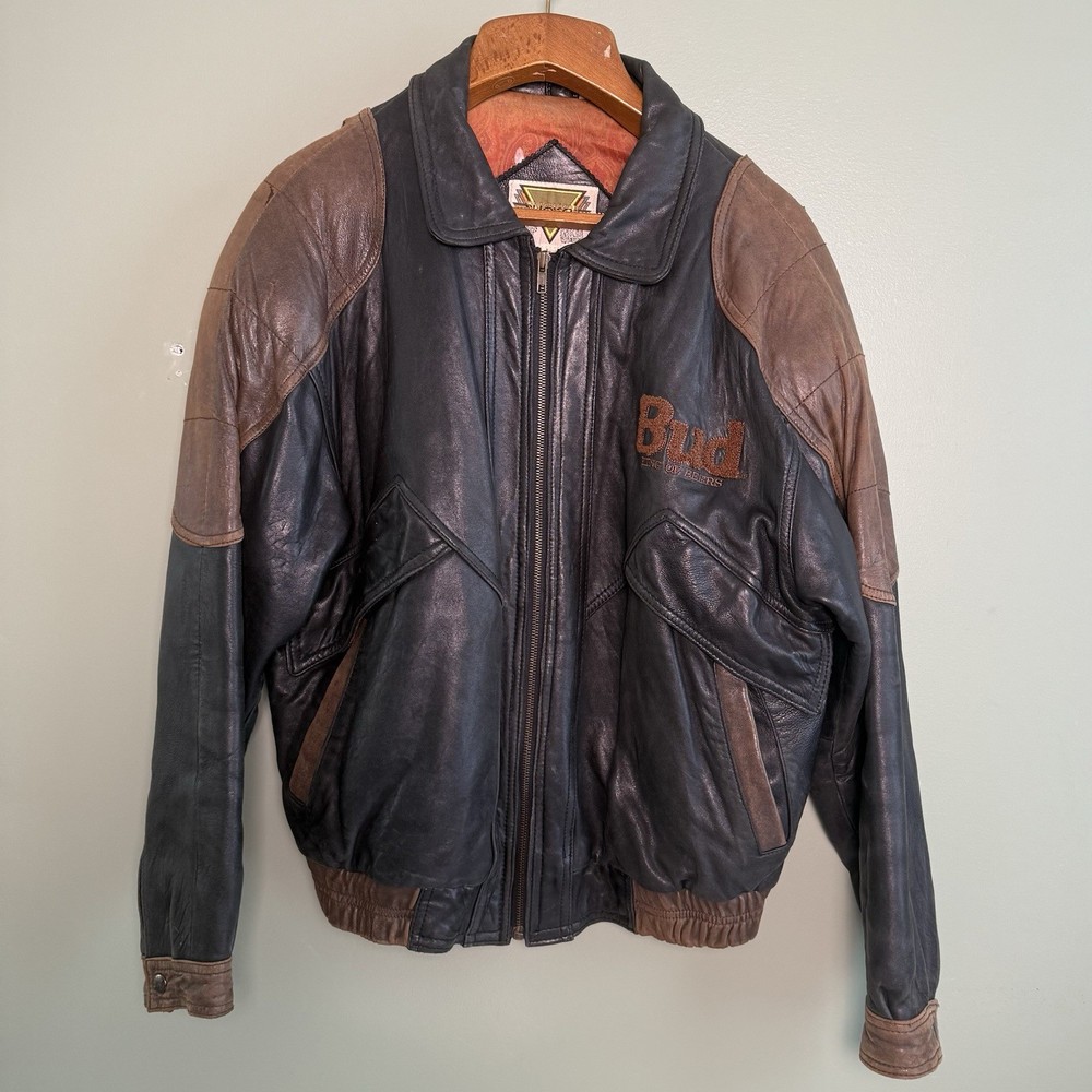 VTG Budweiser Leather Jacket Mens Large 2-Tone Brown Bud King of Beers Phase II