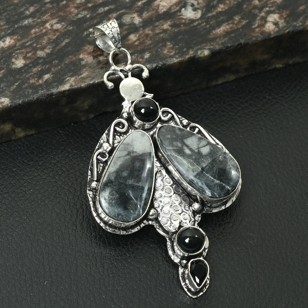 Picasso Jasper Black Onyx Gemstone Ethnic Handmade Pendant Jewelry 3.2