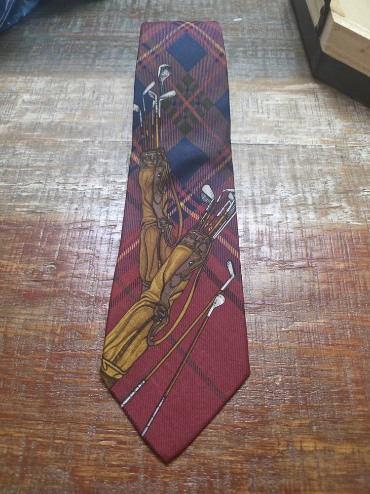 Vintage Polo Ralph Lauren Golf Clubs Silk Necktie Red Plaid Made in USA