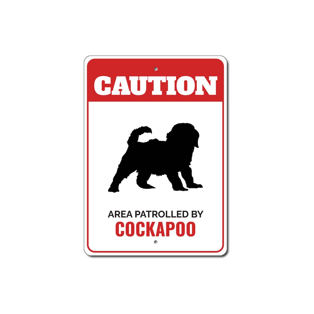 Patrolled By Cockapoo Caution Metal Sign Dog Kennel Pet Breed Canine K9 Paw