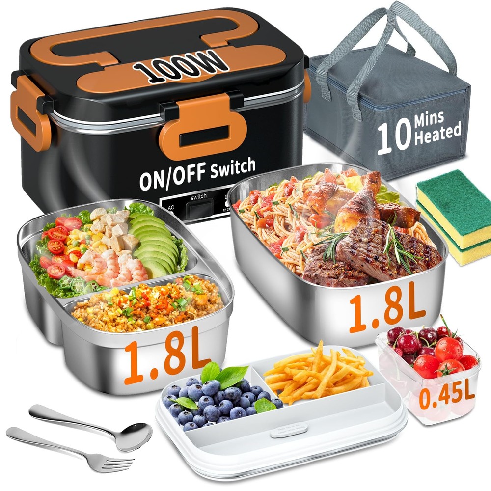 Electric Heated Lunch Box for Adults - 100W 3-in-1 Portable Food Warmer with 2 Pack 1.8L Containers